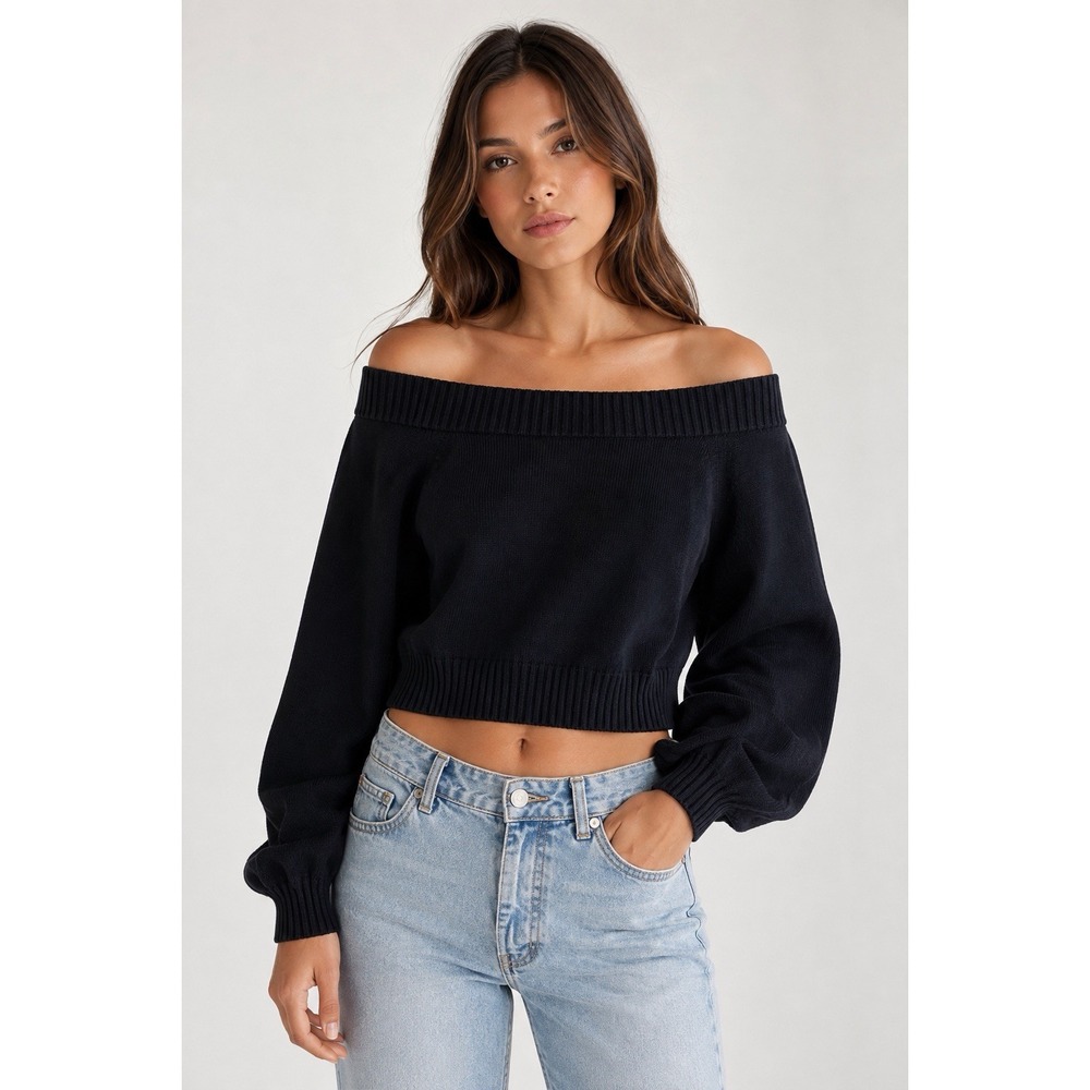 We Wore What Sweater Medium Revolve Cotton Black Oversized Off Shoulder #EF7-1